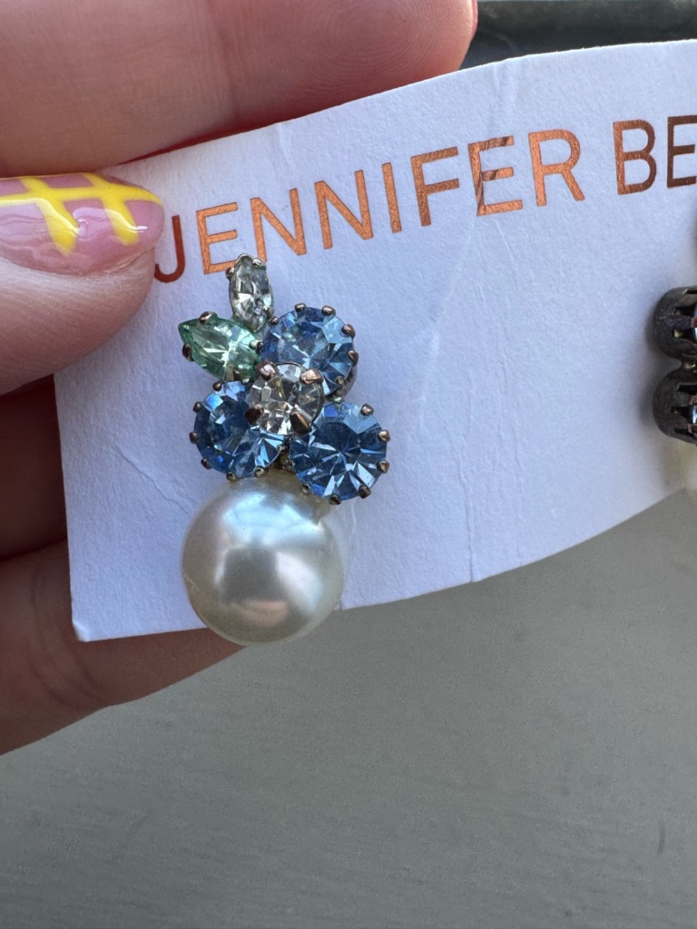 Jennifer Behr Blue, Green and Pearl Crystal Cluster Earrings - Picture 8 of 10